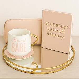 Pink 'Brunch Babe' Mug with Gold-Trim Tray